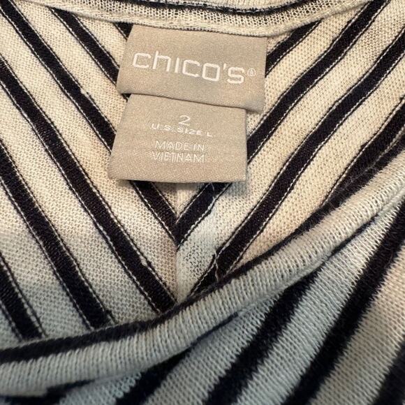 Chico's top black & white striped linen short sleeve fringe detail   Sz 2 US L - Picture 7 of 8